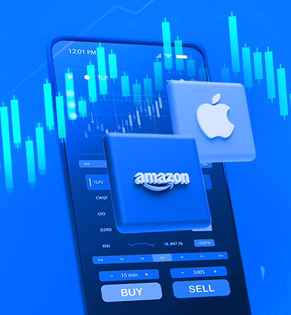 Trade Amazon & Apple. This image shows the CMTrading app related to an article about online share trading.