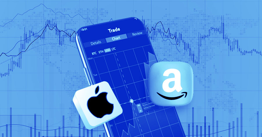 Trade Amazon & Apple. This image shows the CMTrading app related to an article about online share trading.