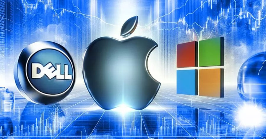 As a new trader, trading in stocks like Apple, Microsoft, and Dell can be an exciting opportunity. This image shows the logos of Dell, Apple & Microsoft and is related to an article about stock trading by CMTrading.